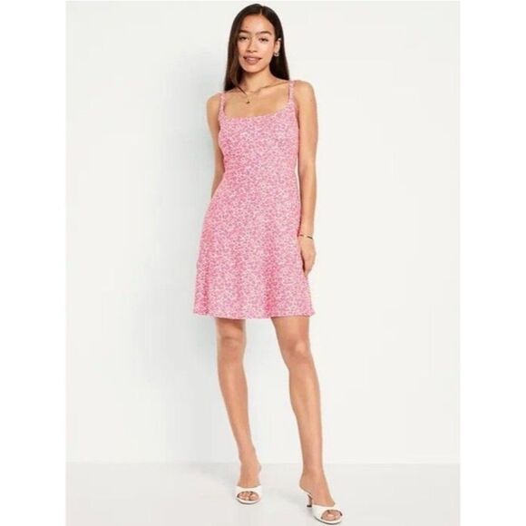 Old navy Fit & Flare Cami Mini Dress linen blend pink floral size medium - Picture 1 of 11